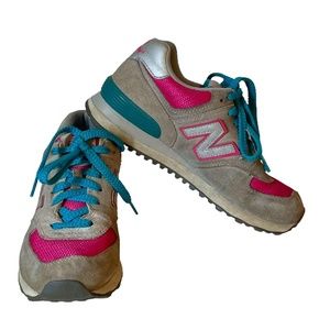 New Balance Suede 574‎ Sneakers Gray Pink Aqua Size 6.5